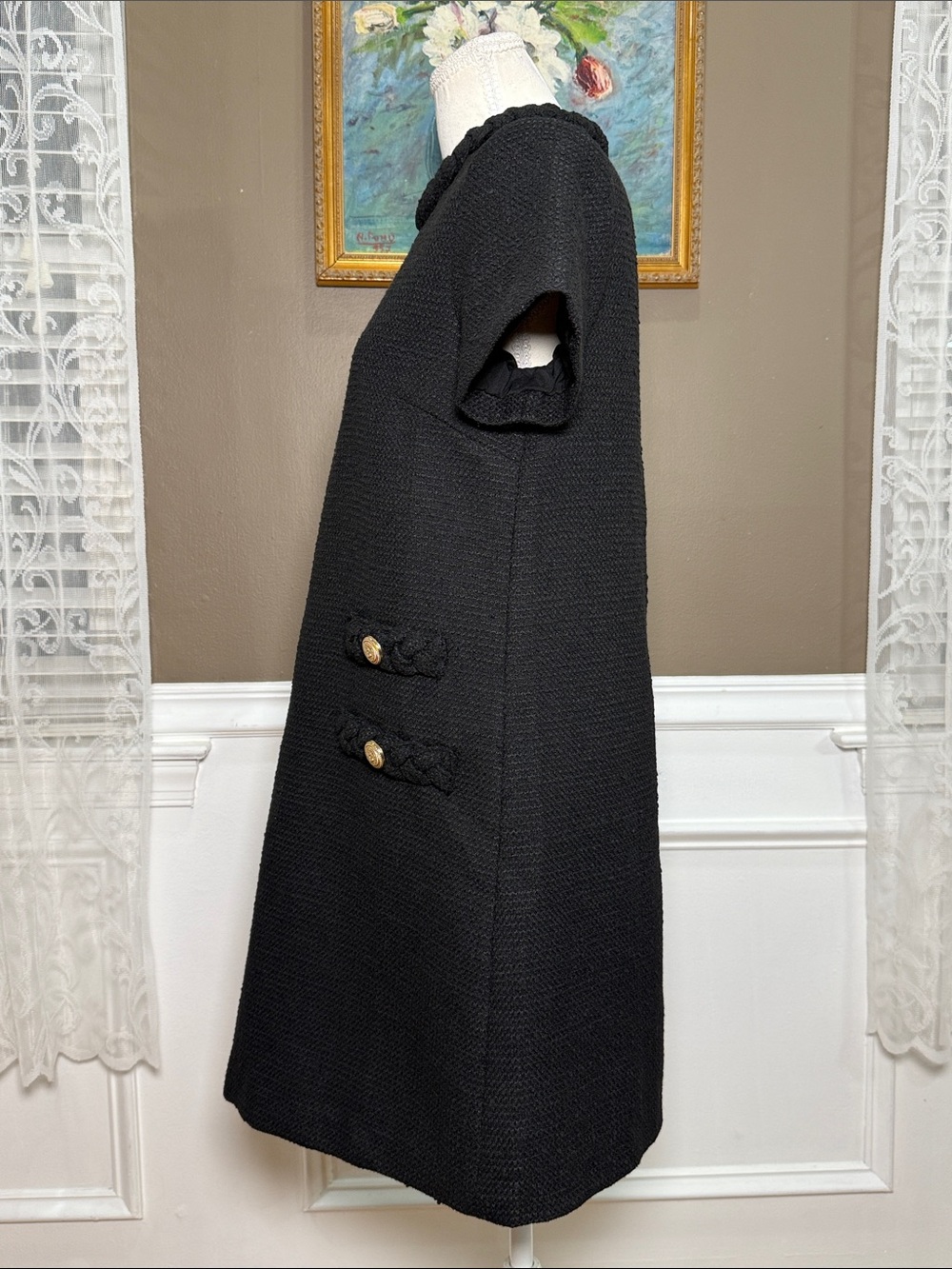 Tuckernuck Jackie Black Tweed Shift Dress Gold Buttons Size S - Picture 3 of 11